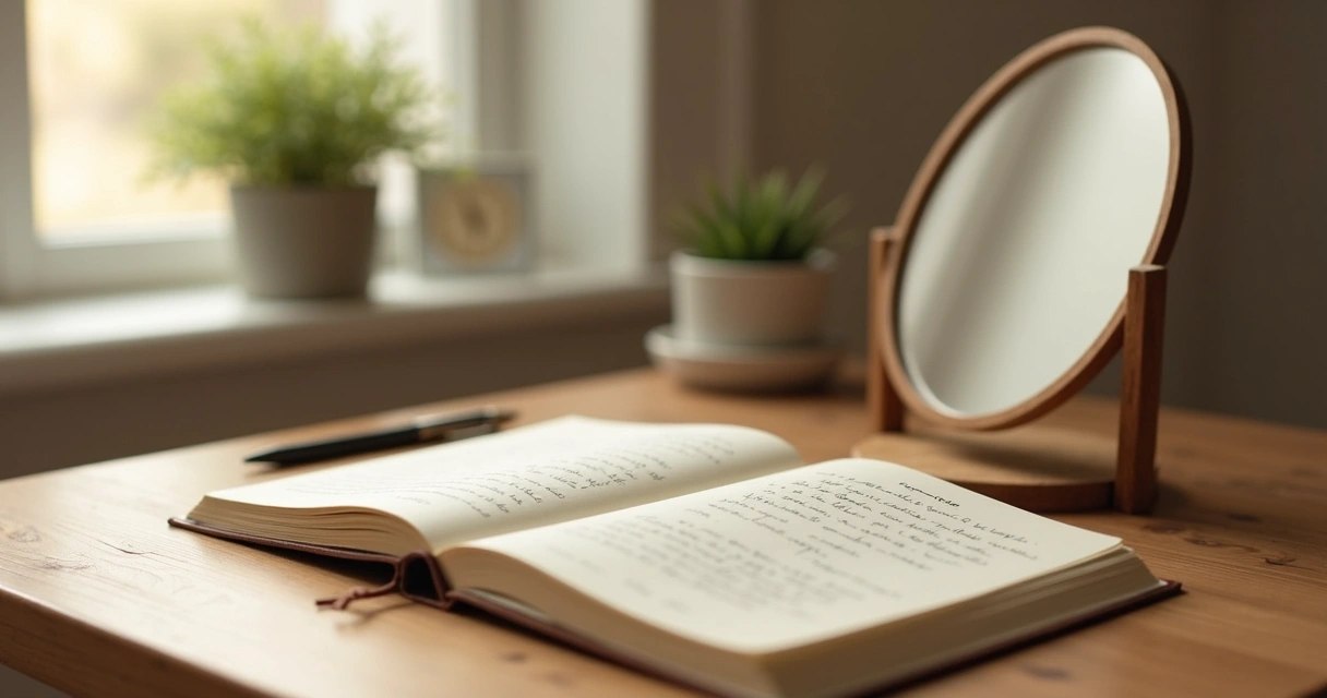 Cuaderno abierto frente a un espejo con luz suave