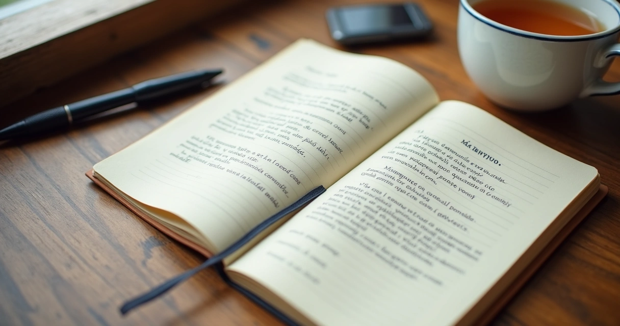 Cuaderno abierto con notas de reflexión y una taza sobre escritorio 