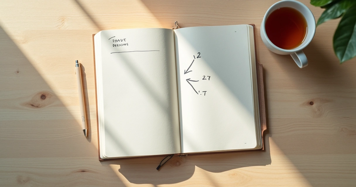 Cuaderno abierto con notas de reflexión junto a una taza y luz natural 