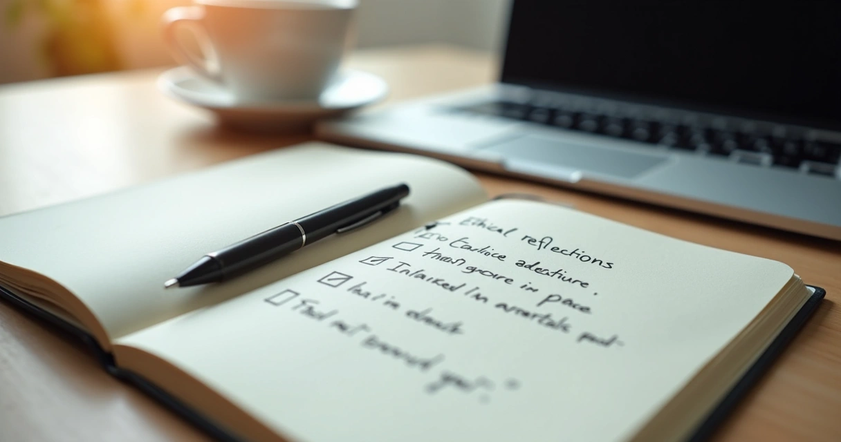 Cuaderno abierto con notas sobre reflexión ética y una taza de café 
