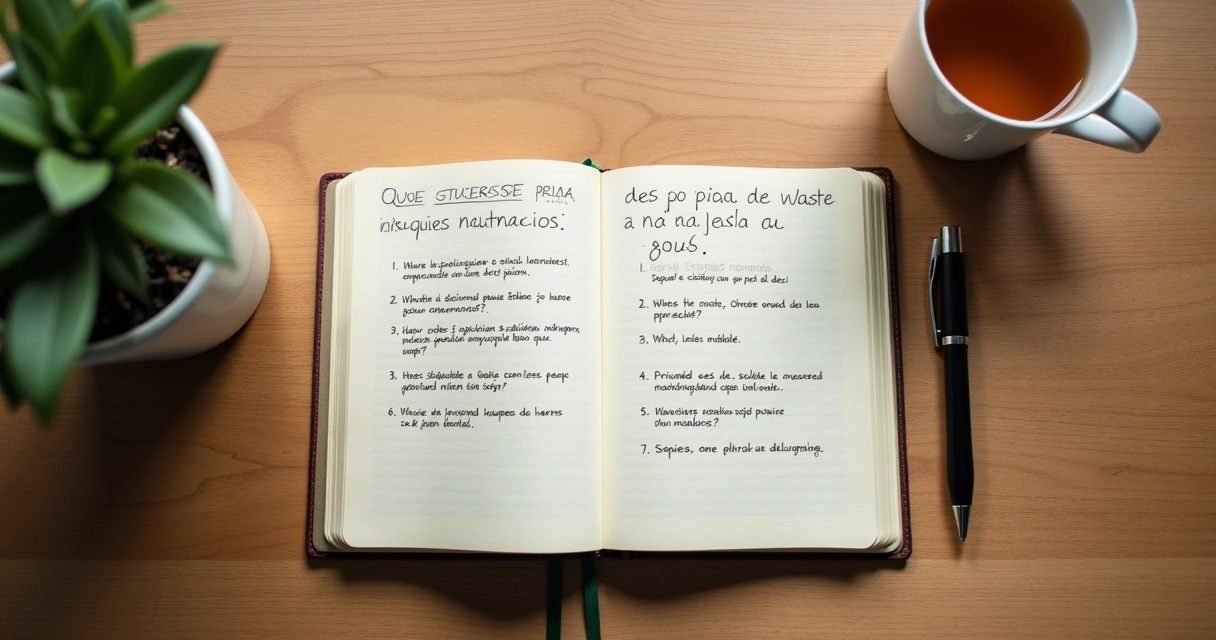 Cuaderno abierto con preguntas de reflexión y una taza sobre escritorio de madera 