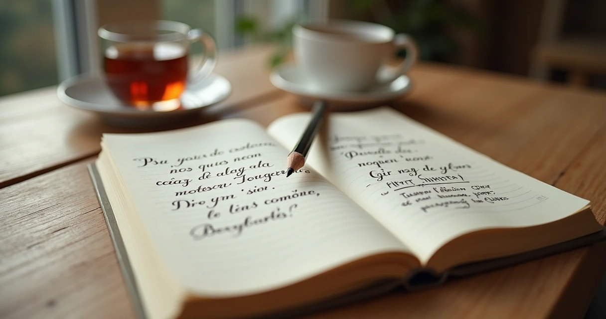 Cuaderno abierto con notas familiares y una taza de té
