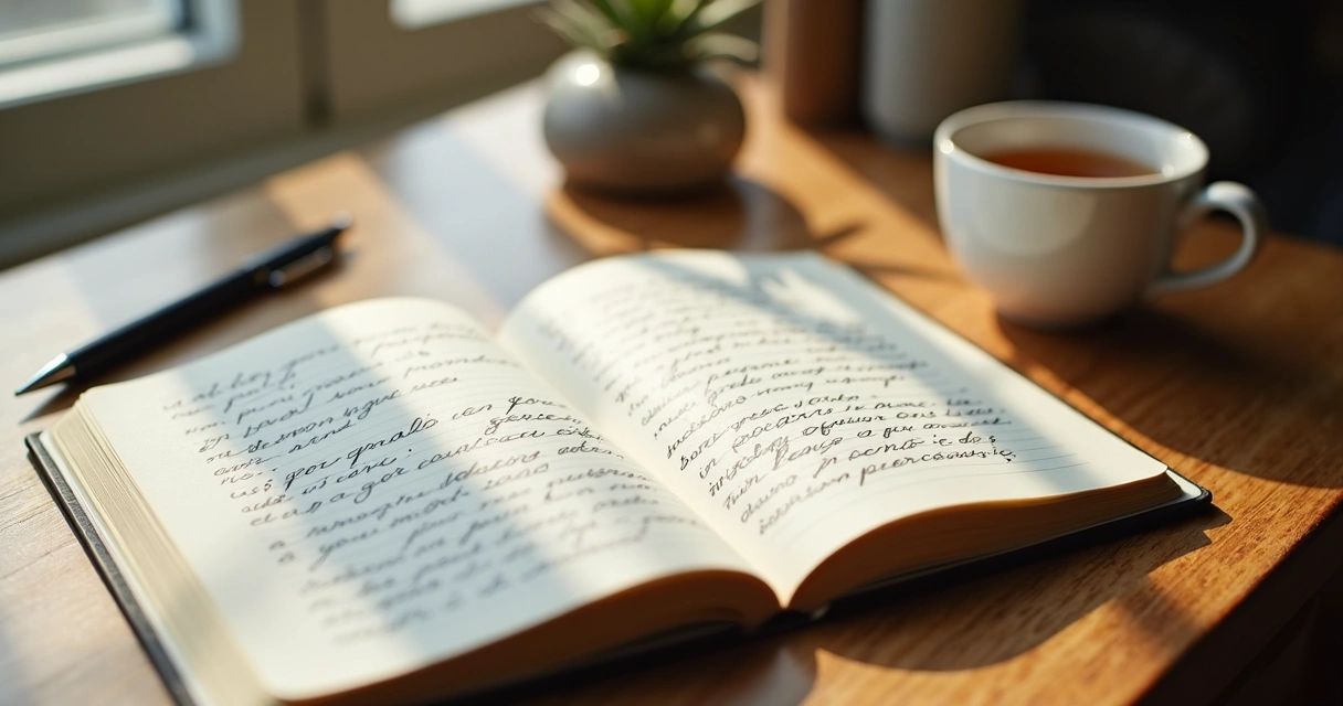 Cuaderno abierto con notas de reflexión junto a una taza y una ventana