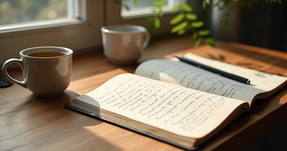 Cuaderno abierto con notas de reflexión junto a una taza y una ventana 
