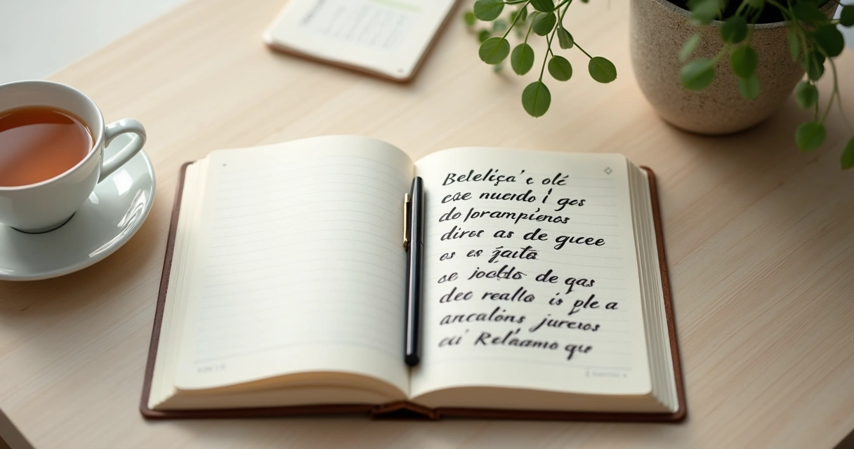 Cuaderno abierto con notas de reflexión y taza de té en una mesa clara 