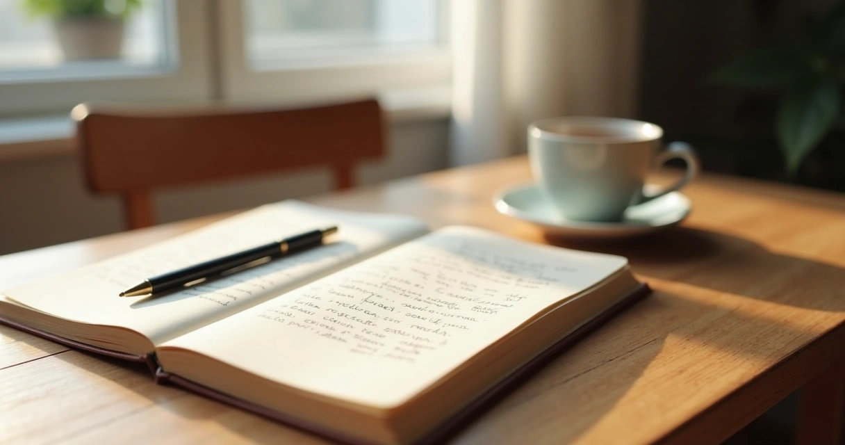 Cuaderno abierto con notas de reflexión y una taza junto a una ventana