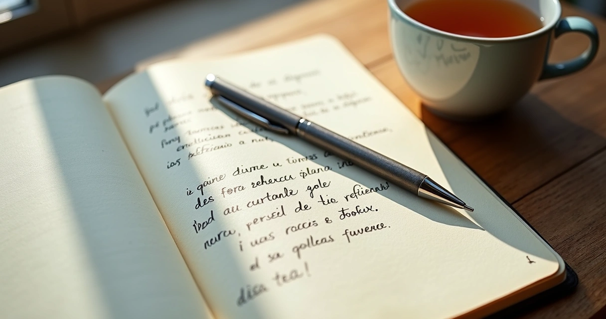 Cuaderno abierto con notas y taza sobre escritorio 