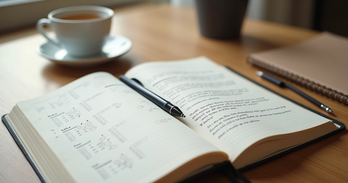 Cuaderno abierto con notas de reflexión y calendario anual