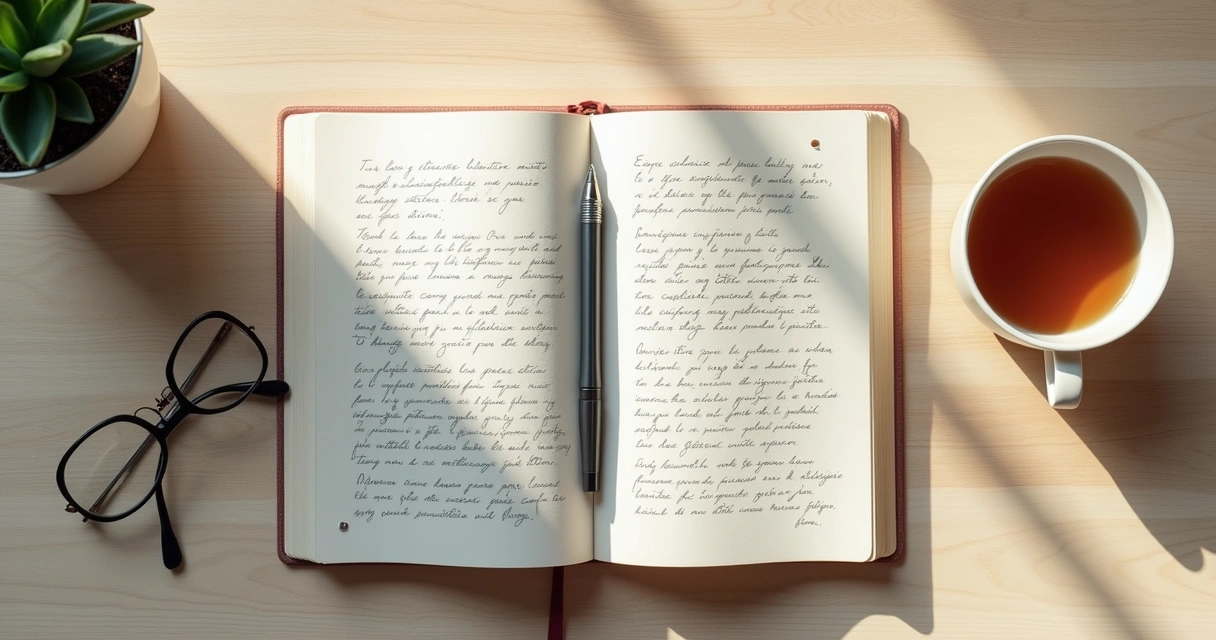 Cuaderno abierto con notas de reflexión y una taza sobre mesa clara