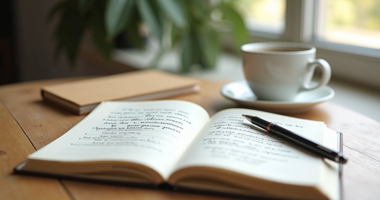 Cuaderno abierto con notas de reflexión y una taza sobre escritorio de trabajo
