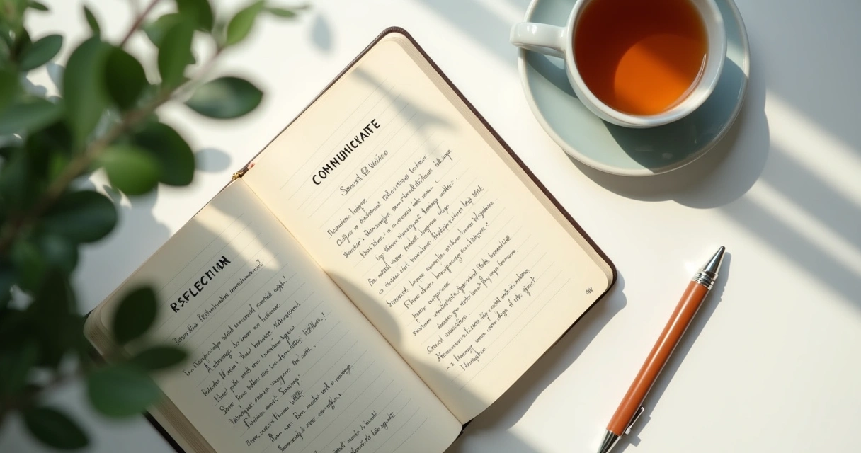 Cuaderno con notas de reflexión y taza sobre escritorio claro