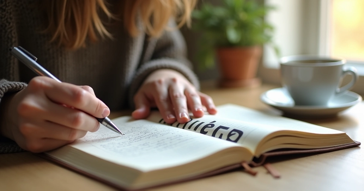 Manos escribiendo en un cuaderno de reflexión 
