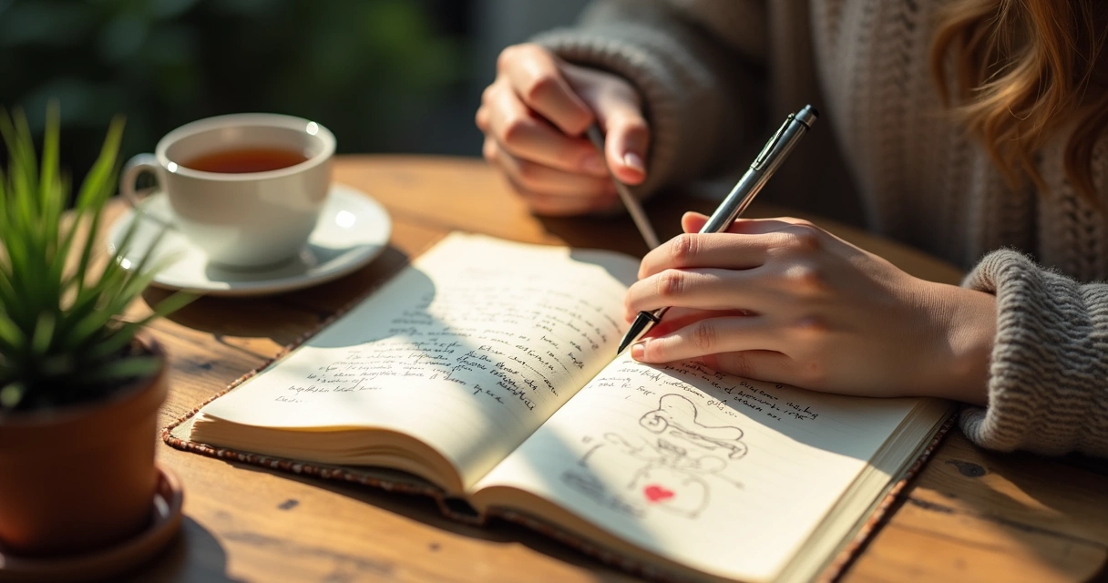 Manos escribiendo en cuaderno de reflexión emocional 