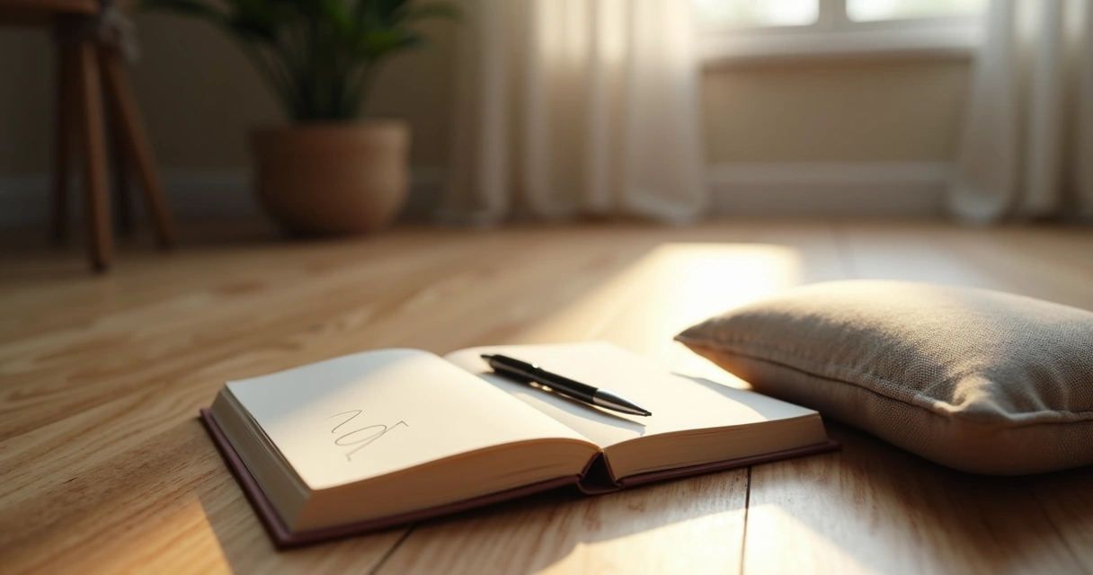 Cuaderno abierto junto a cojín de meditación en sala tranquila 