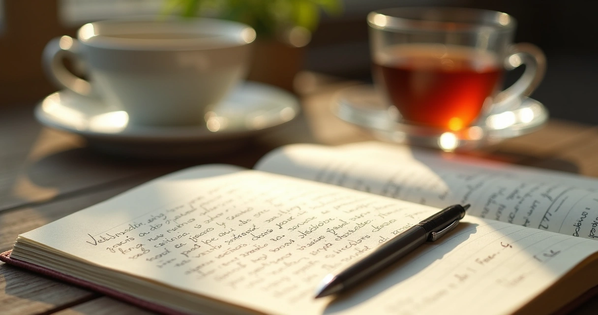 Cuaderno abierto con notas de reflexión sobre una mesa de madera 