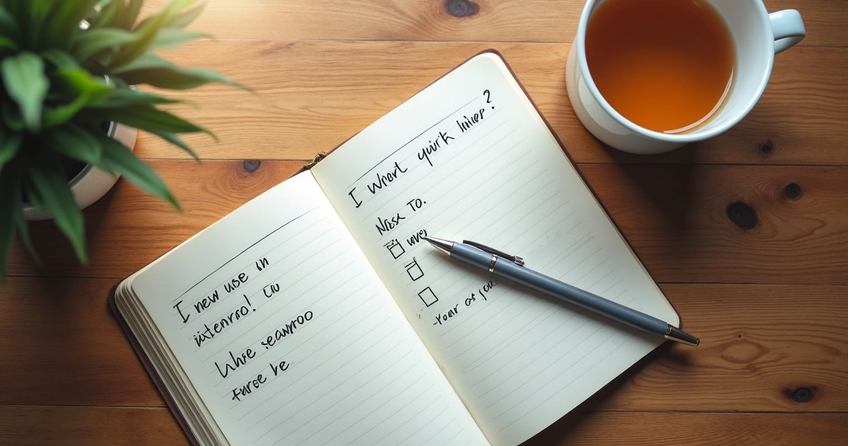 Cuaderno abierto con notas de reflexión en una mesa de madera 