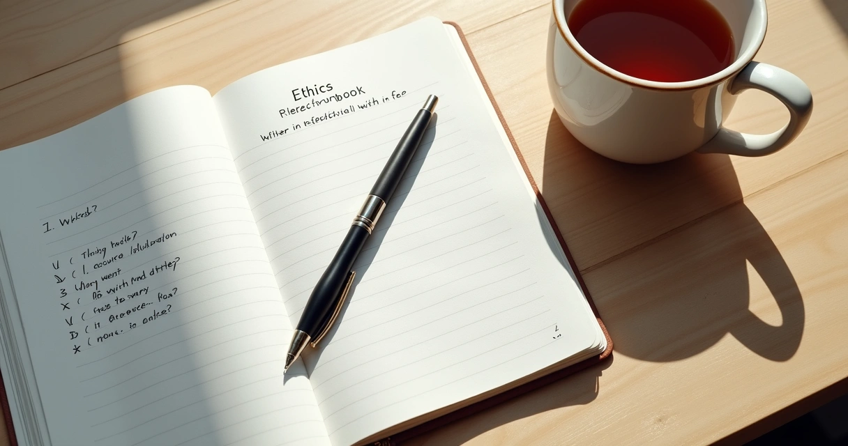 Cuaderno abierto con preguntas éticas y una taza sobre mesa clara