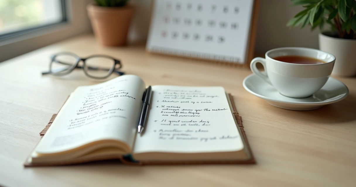 Cuaderno abierto con notas de reflexión y una taza sobre escritorio claro 