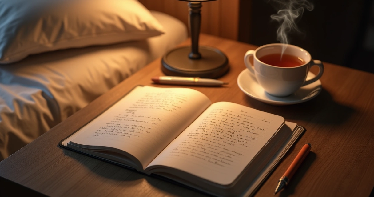 Cuaderno abierto con notas de reflexión y una taza sobre mesa de noche 