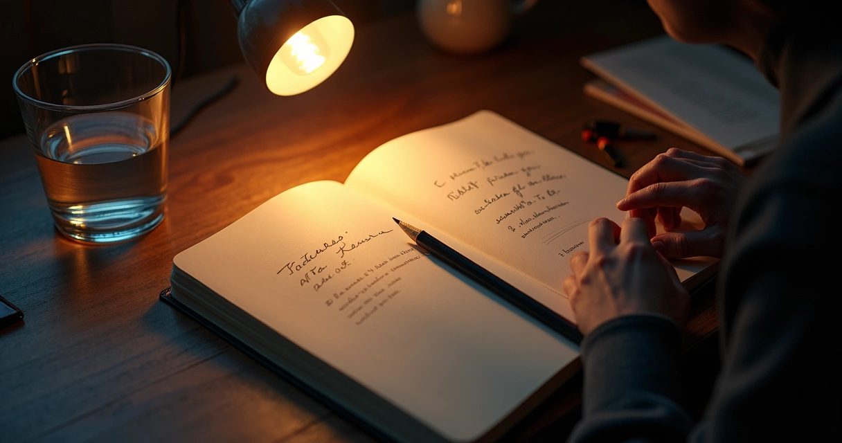 Cuaderno abierto con reflexión nocturna junto a una lámpara