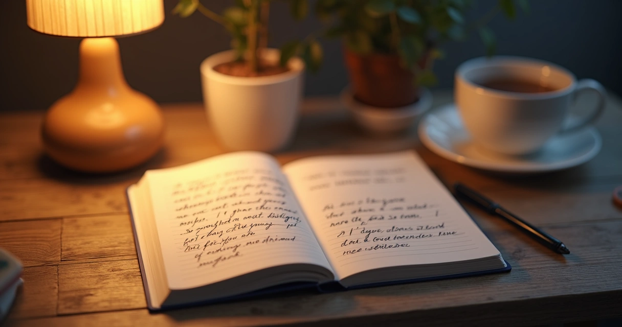 Cuaderno abierto con notas de reflexión al final del día sobre una mesa