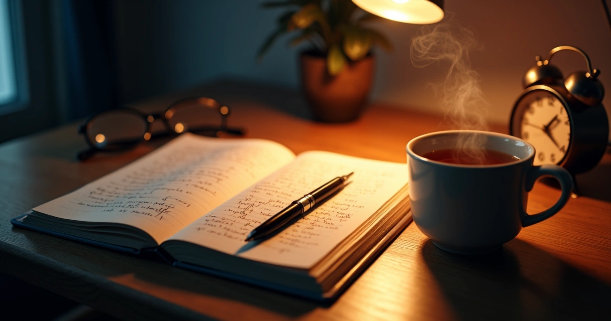 Cuaderno abierto con reflexión nocturna junto a una lámpara cálida 