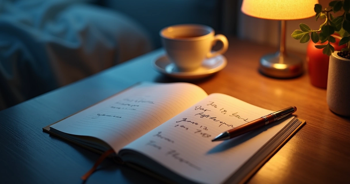 Cuaderno abierto con notas breves junto a una lámpara nocturna 