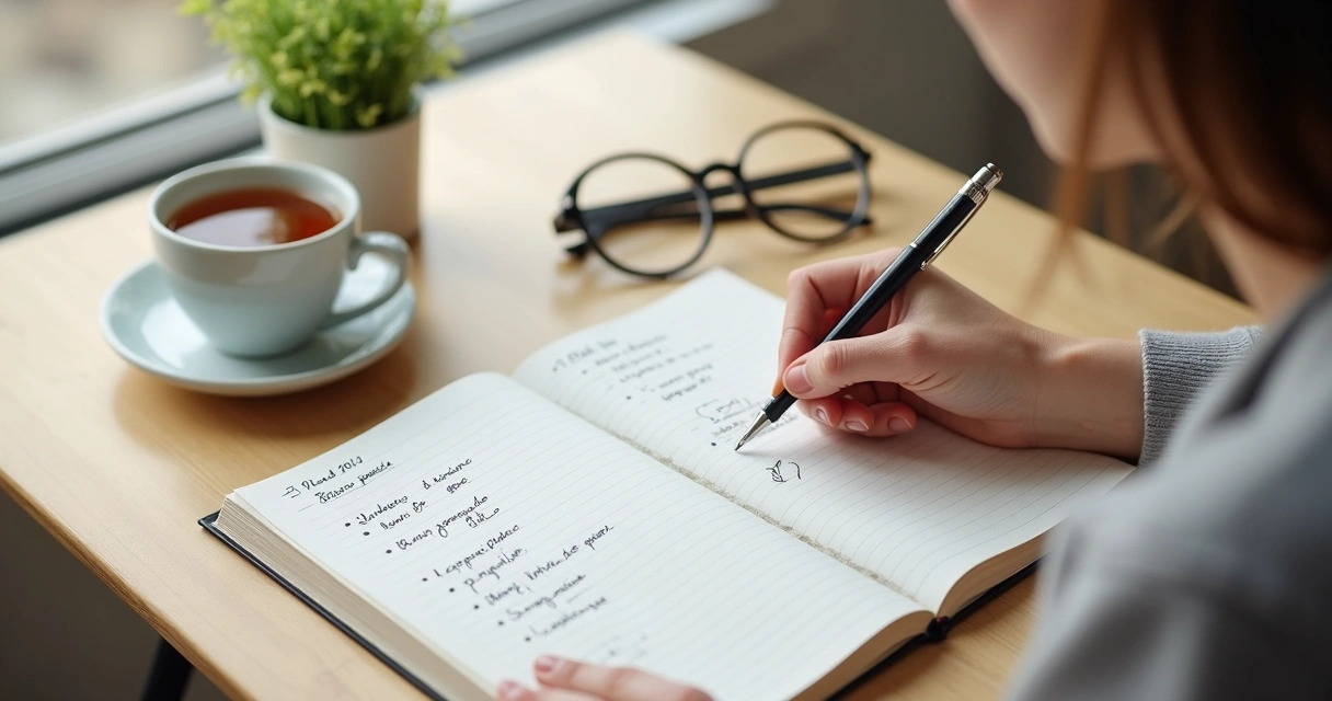 Cuaderno abierto con lista de objetivos y una persona escribiendo en una mesa clara