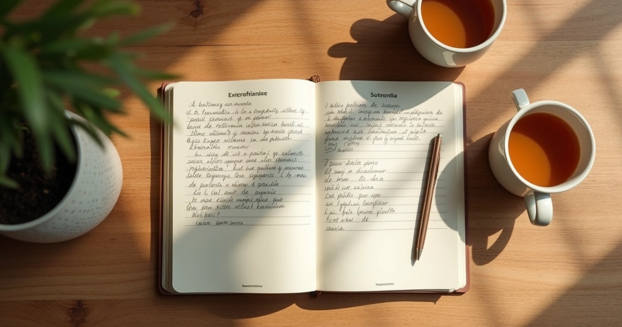 Cuaderno con notas de reflexión y dos tazas 