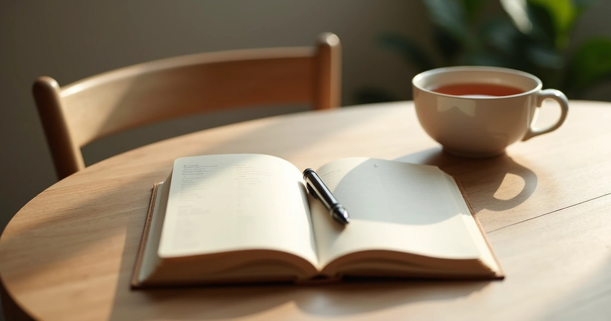 Cuaderno abierto junto a una taza en un espacio de pausa y reflexión 