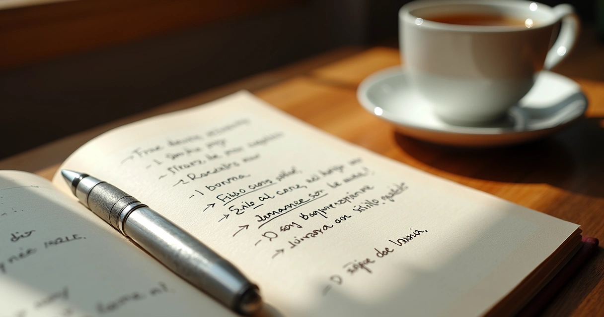 Cuaderno abierto con notas de reflexión personal y una taza de té
