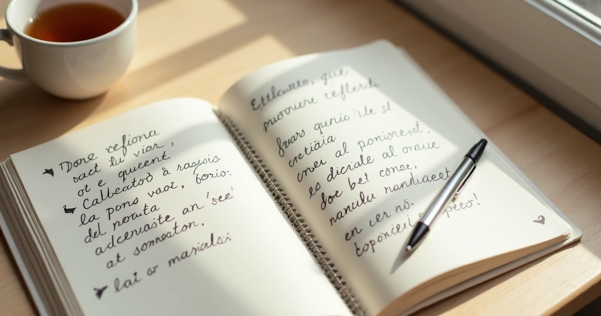 Cuaderno abierto con notas y una taza sobre escritorio tranquilo