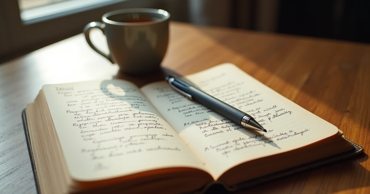 Cuaderno abierto con notas y una taza sobre una mesa