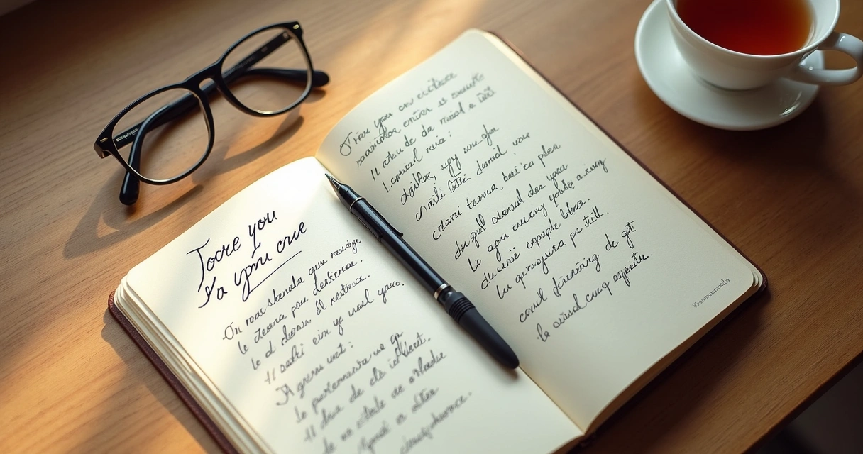 Cuaderno abierto con notas de reflexión y una taza sobre escritorio de madera