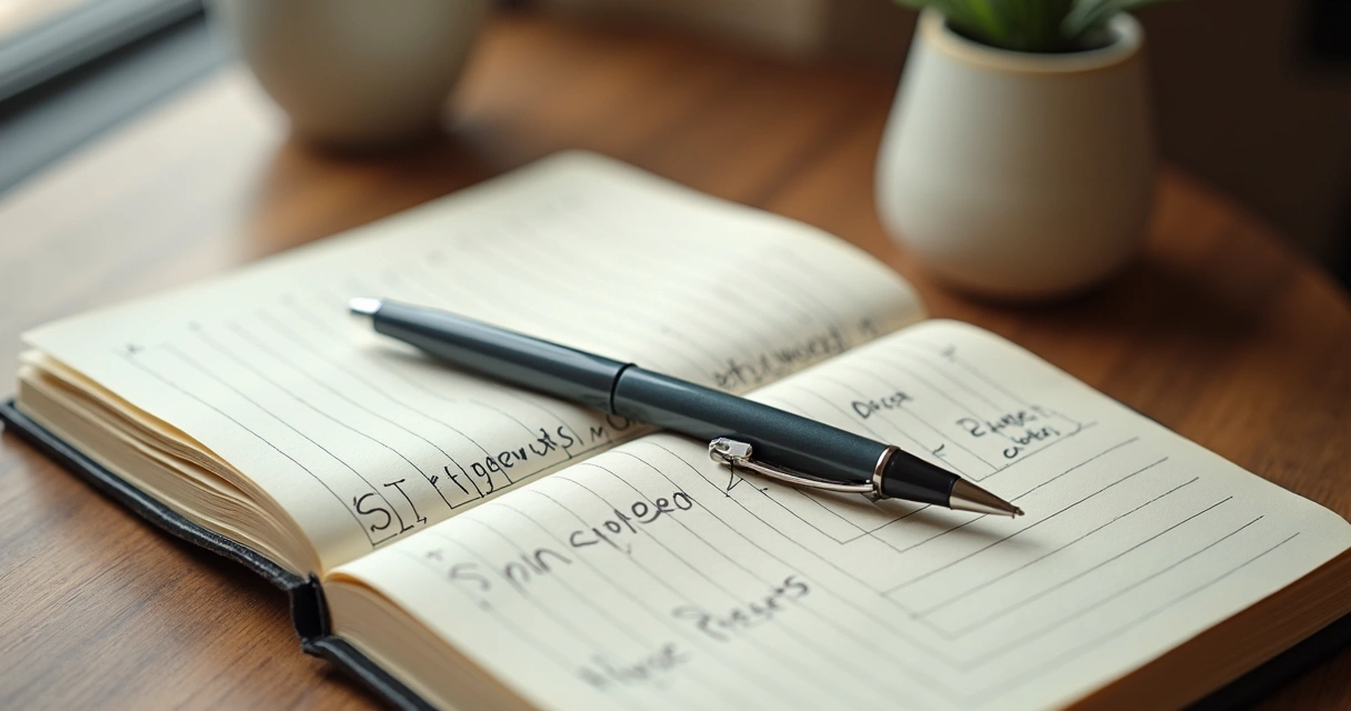 Cuaderno abierto con notas de reflexión y una taza sobre escritorio