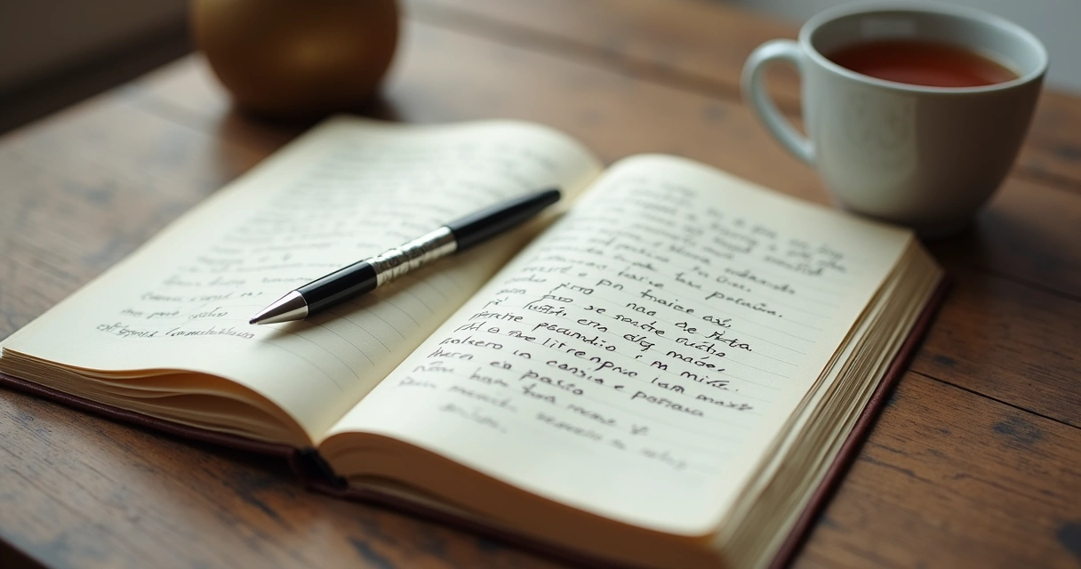 Cuaderno abierto con notas de reflexión y una taza sobre escritorio 