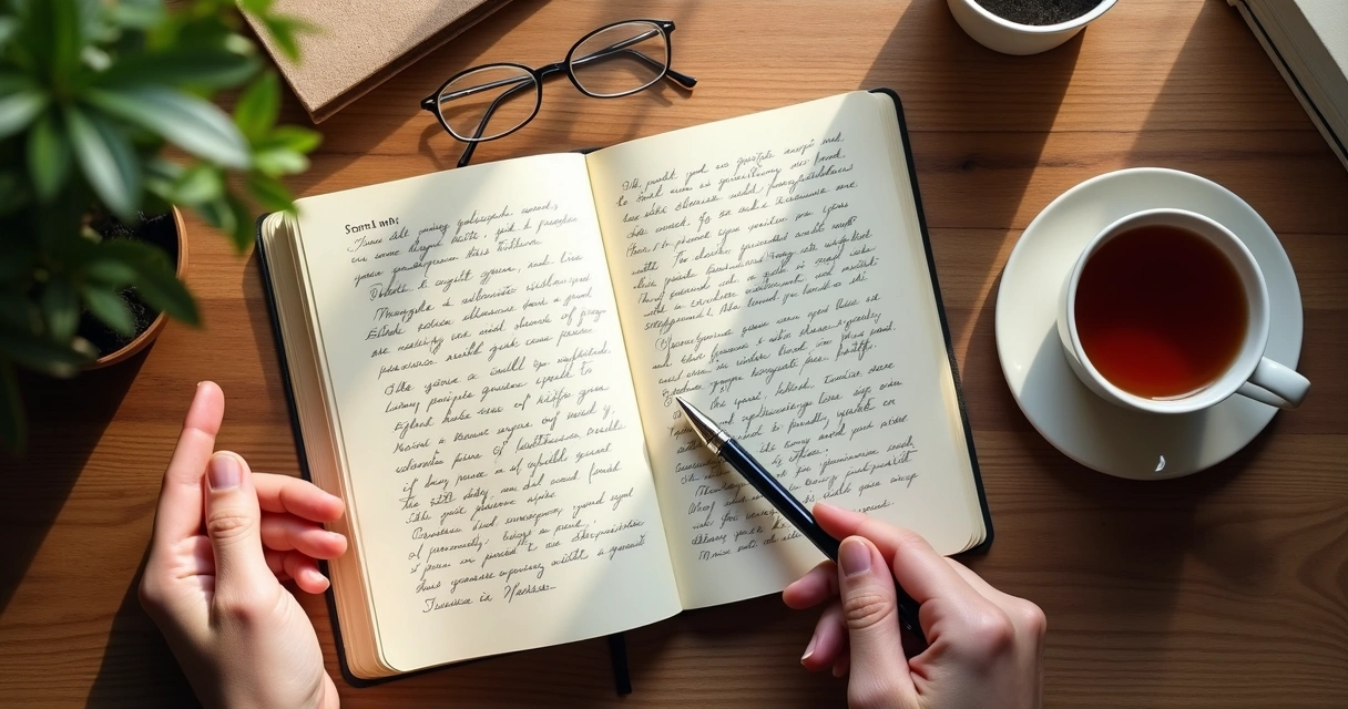 Cuaderno abierto con notas y taza sobre mesa de madera