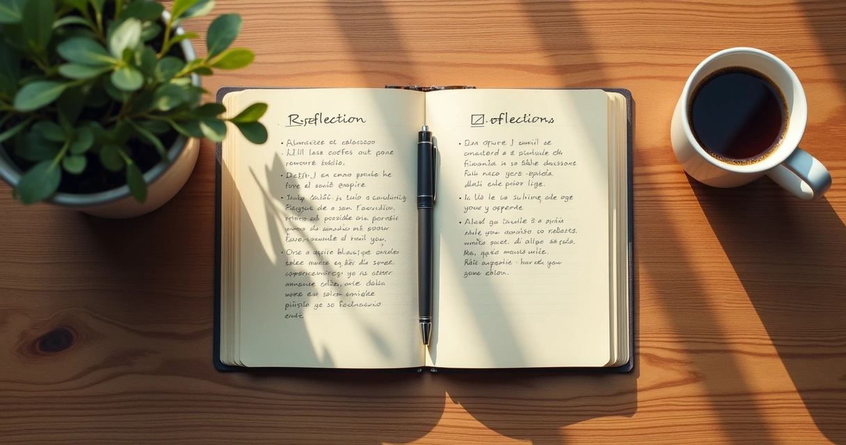 Cuaderno abierto con notas de reflexión y taza de café