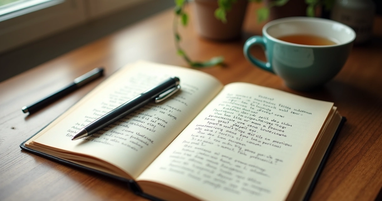 Cuaderno abierto con notas de reflexión y una taza sobre un escritorio 