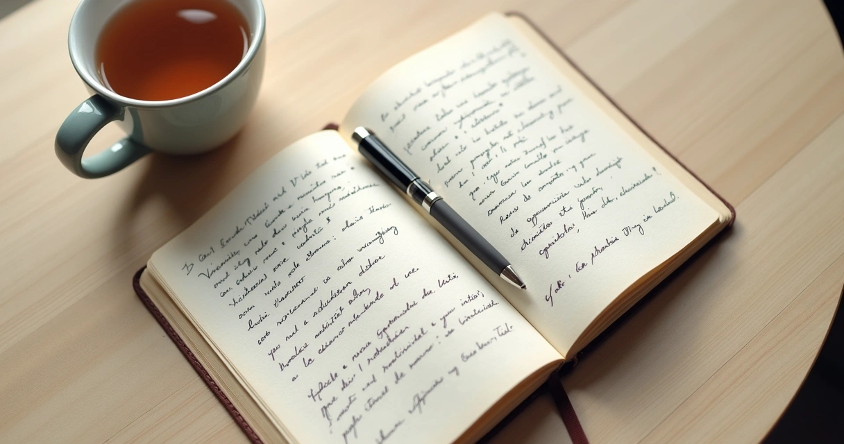 Cuaderno abierto con notas de reflexión personal y una taza sobre mesa clara