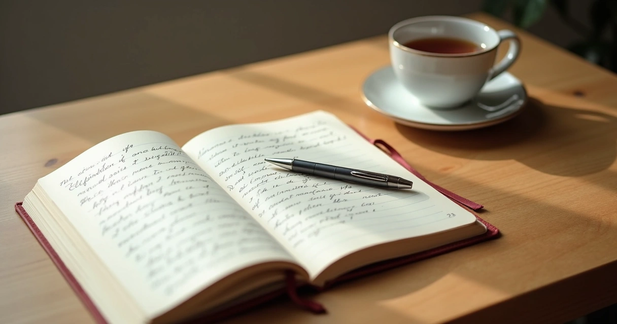 Cuaderno abierto con notas y taza sobre una mesa tranquila
