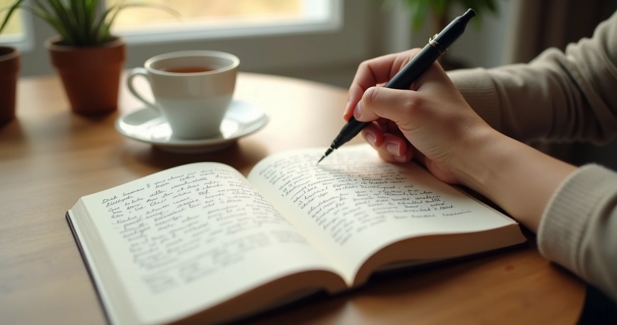 Cuaderno abierto con notas y una persona escribiendo en silencio