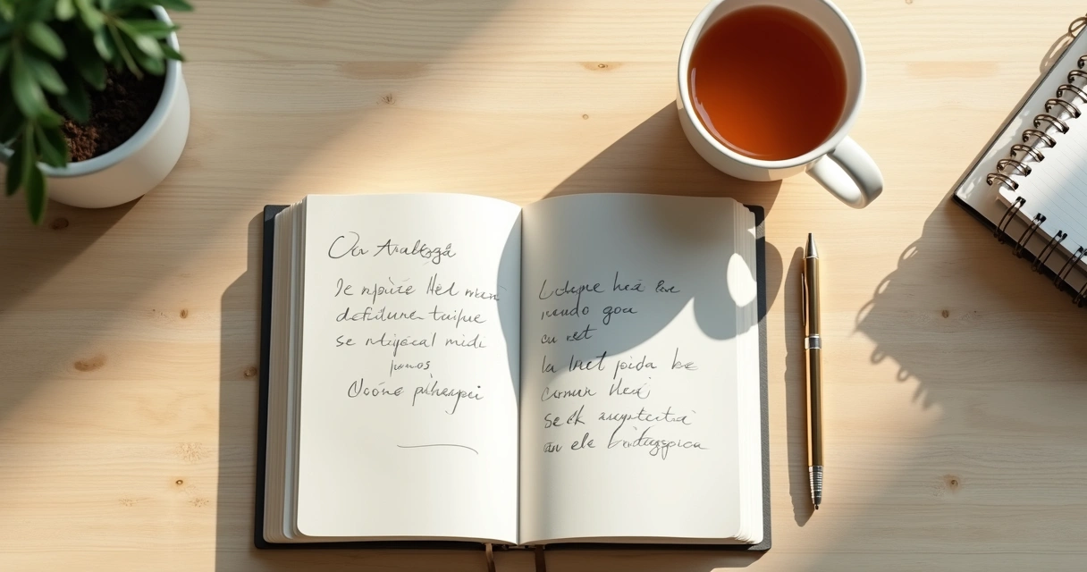 Cuaderno abierto con notas de reflexión y taza sobre una mesa clara