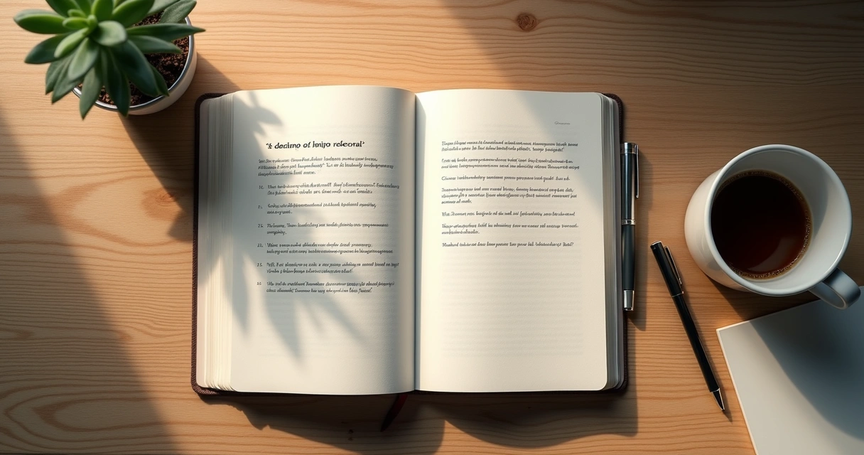 Cuaderno abierto con notas de reflexión y taza de café en escritorio