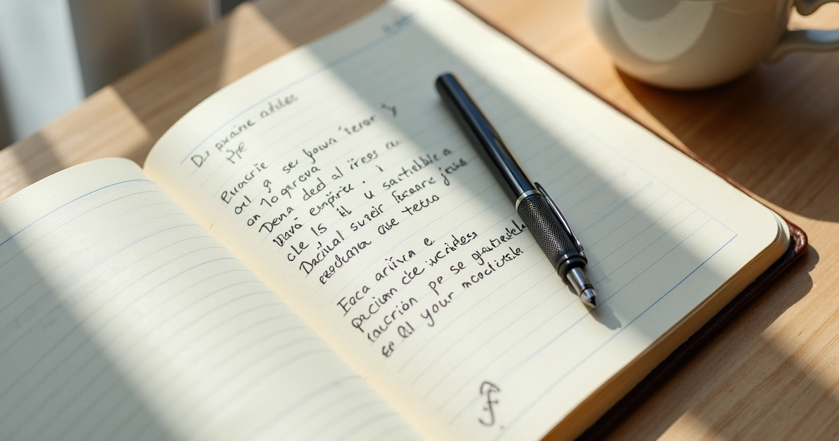 Cuaderno abierto con notas de reflexión y una taza sobre escritorio claro 
