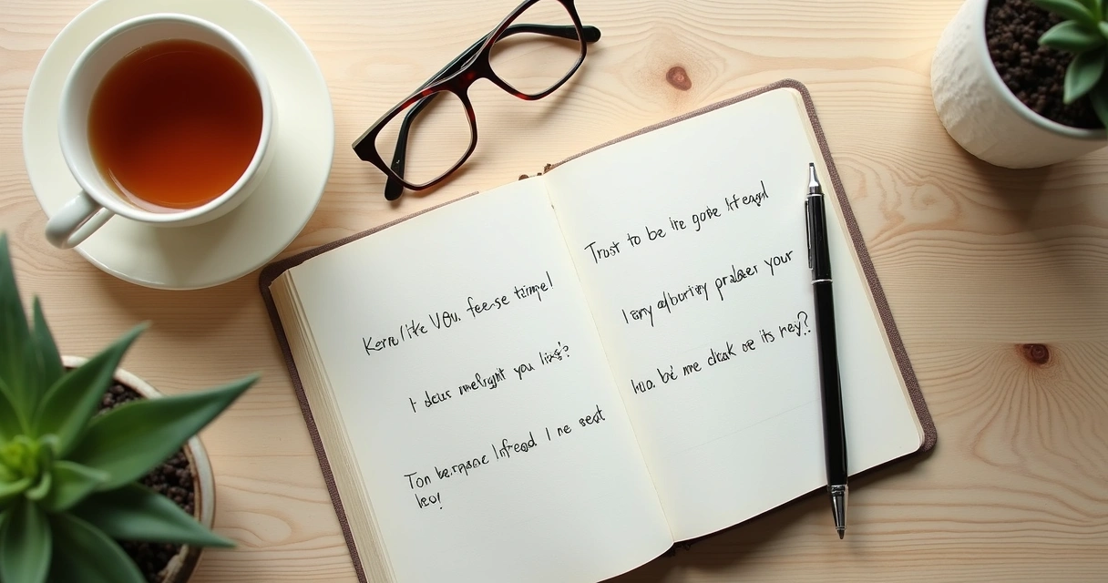 Cuaderno abierto con preguntas de reflexión y taza sobre escritorio claro