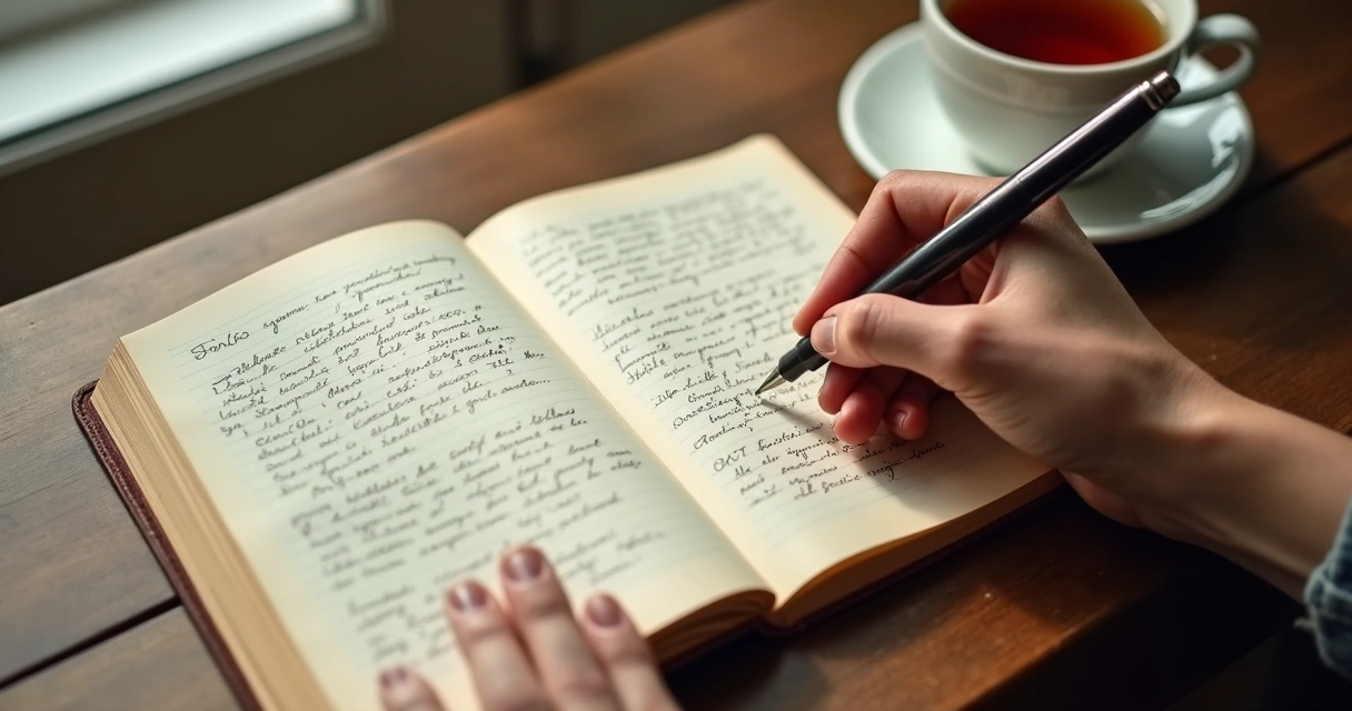 Cuaderno abierto con notas de reflexión y una mano escribiendo 