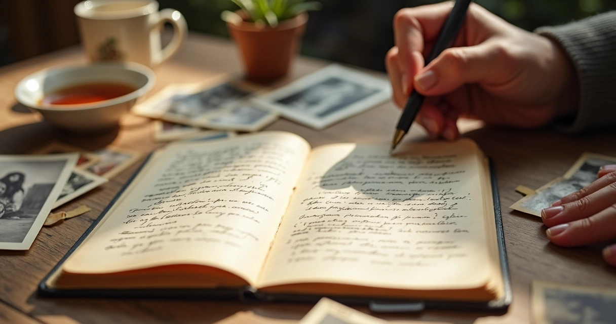 Cuaderno abierto con notas personales y fotografías familiares