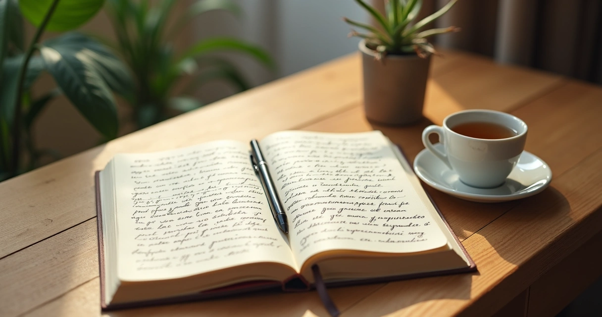 Cuaderno abierto con notas de reflexión y una taza sobre escritorio de madera 