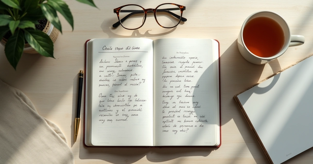 Cuaderno abierto con notas de reflexión y una taza sobre una mesa 